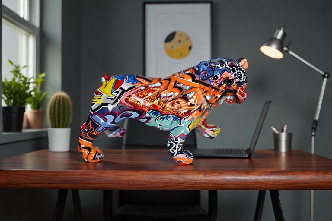 Modern Happy Graffiti Resin Bulldog Statue Looking to the Right 10" x 5" x 7"H - 3