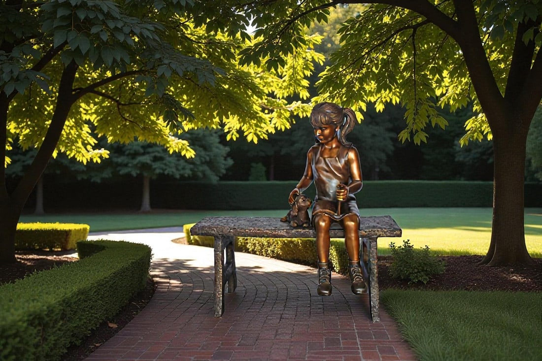 Young Girl with Her Puppy on Bench Reading Bronze Statue, Size 37" x 17" x 38"H - 2