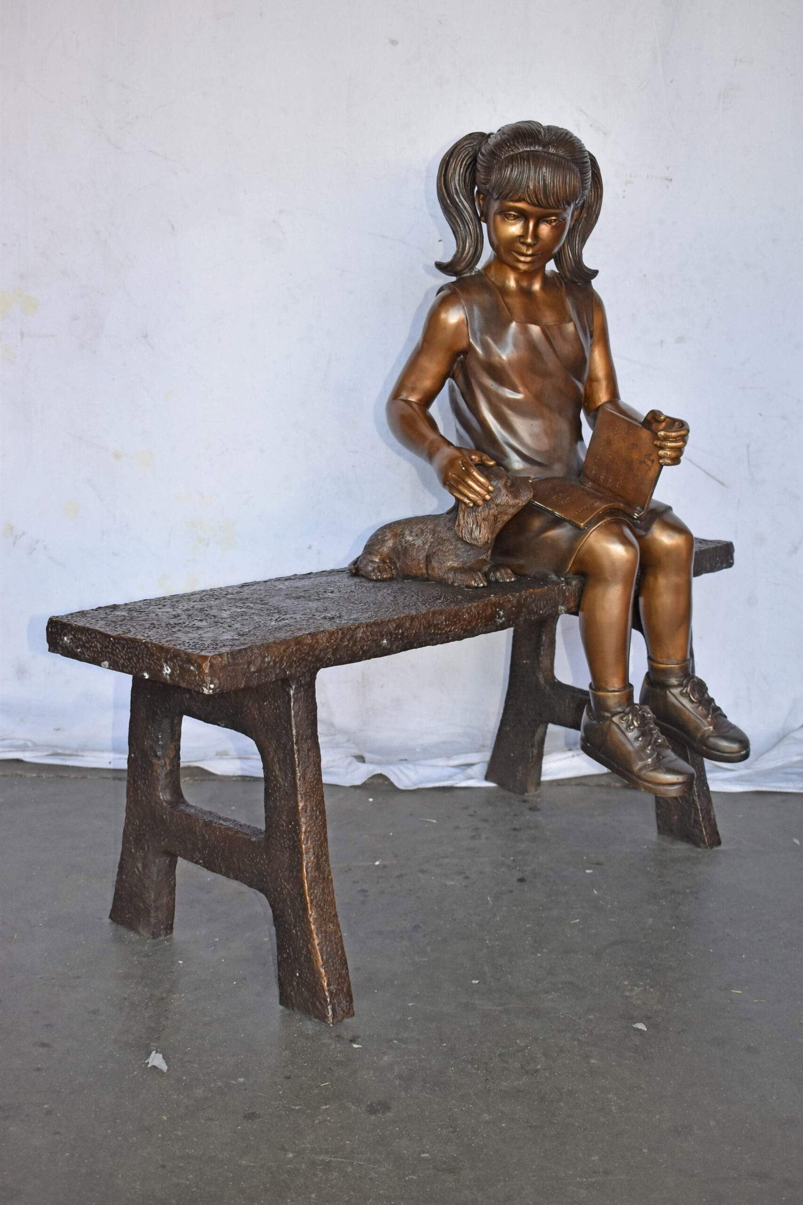 Young Girl with Her Puppy on Bench Reading Bronze Statue, Size 37" x 17" x 38"H - 7