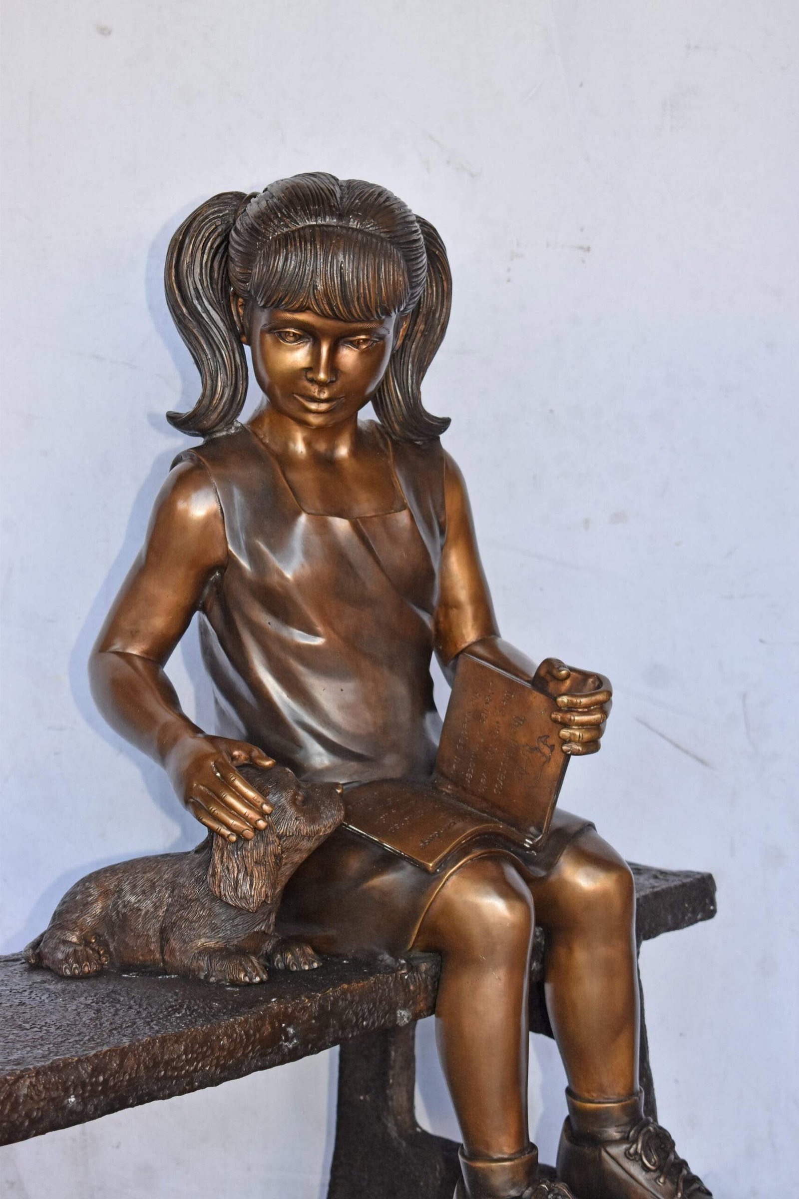 Young Girl with Her Puppy on Bench Reading Bronze Statue, Size 37" x 17" x 38"H - 8