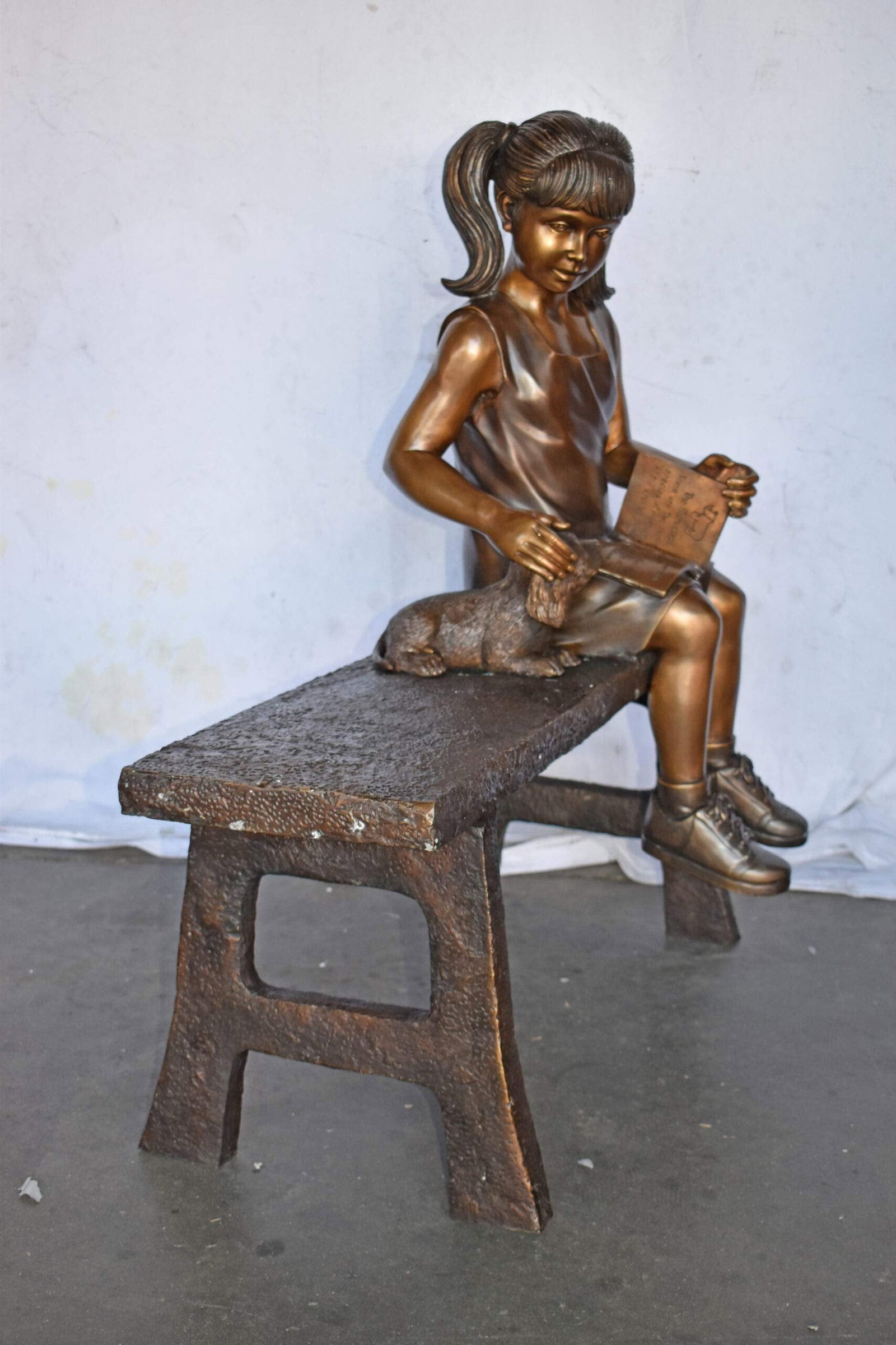 Young Girl with Her Puppy on Bench Reading Bronze Statue, Size 37" x 17" x 38"H - 9