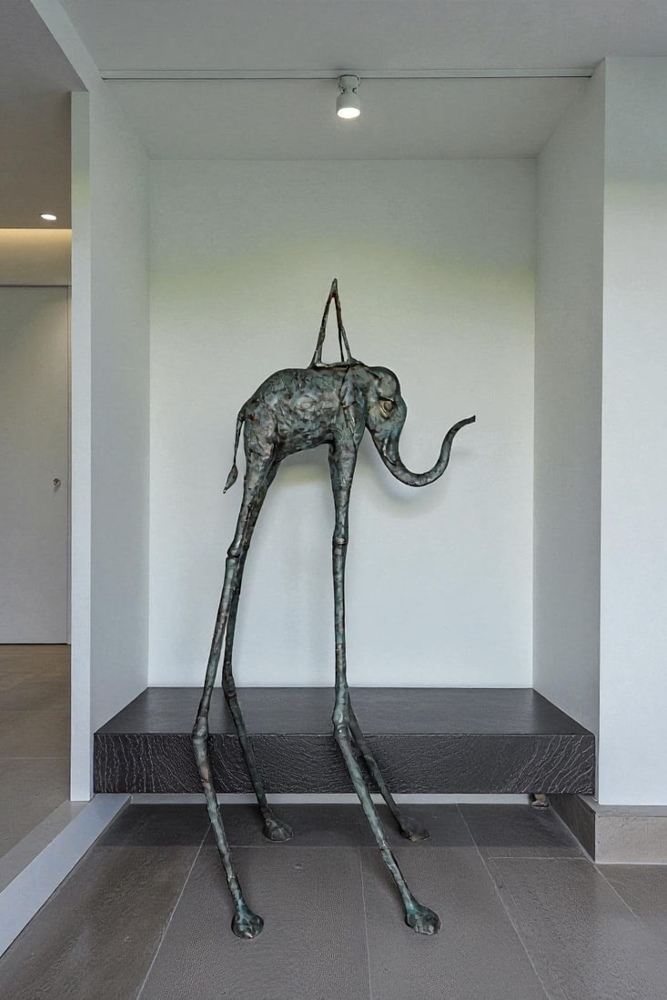 Modern Art Green Patina Tall Elephant Bronze Statue - Size: 26"L x 27"W x 67"H. - 2