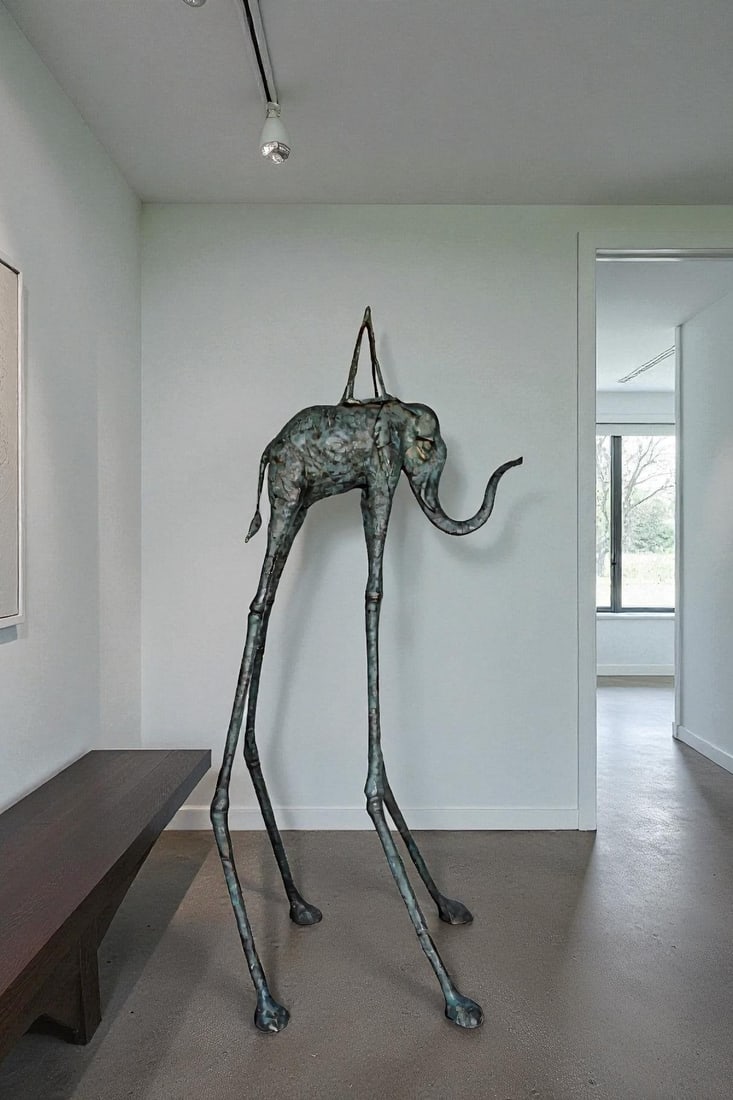 Modern Art Green Patina Tall Elephant Bronze Statue - Size: 26"L x 27"W x 67"H. - 3
