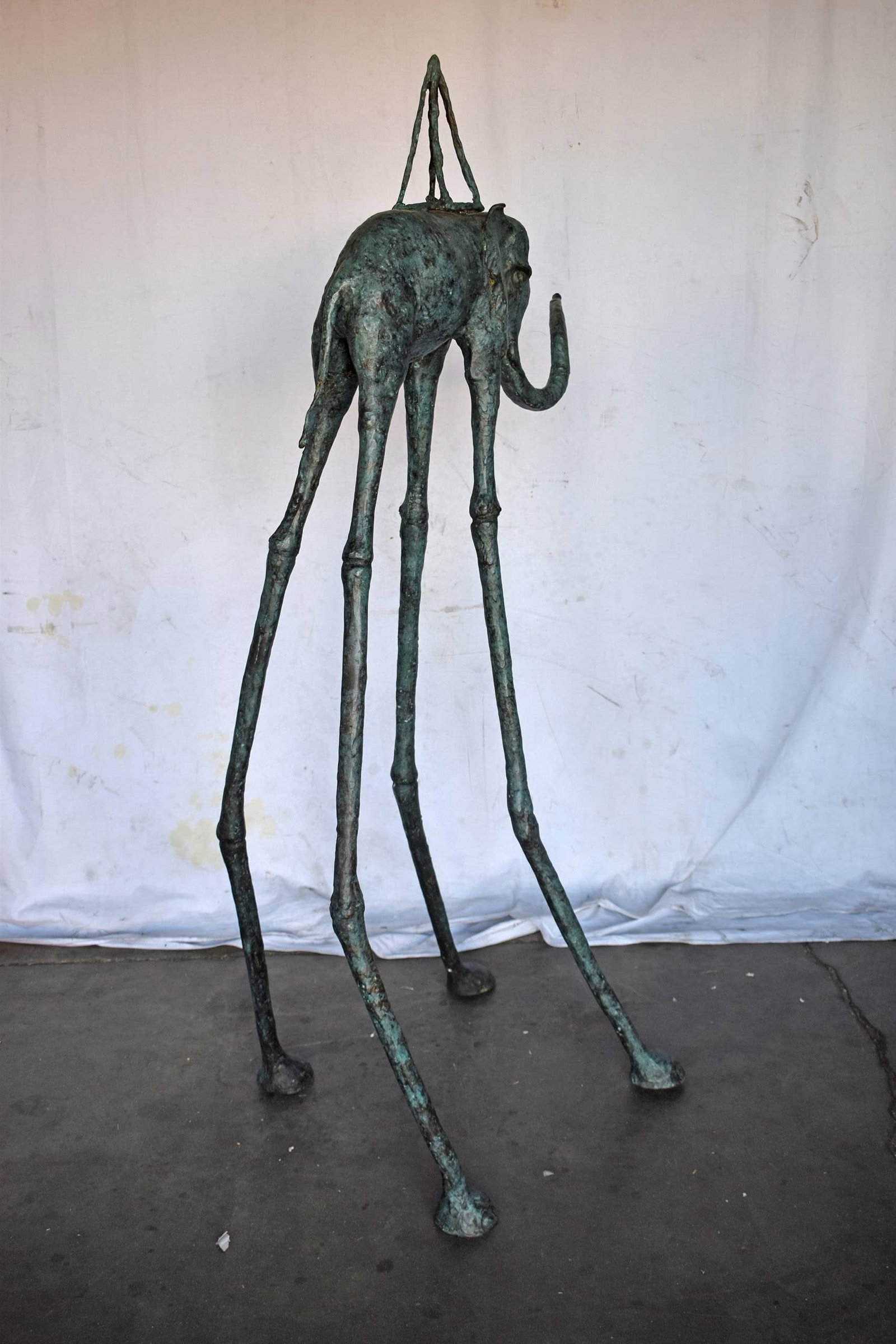 Modern Art Green Patina Tall Elephant Bronze Statue - Size: 26"L x 27"W x 67"H. - 5