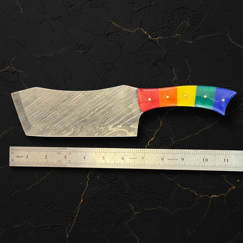 Handmade 11" Damascus Steel Cleaver Knife with Colorful Resin Handle & Sheath - 6