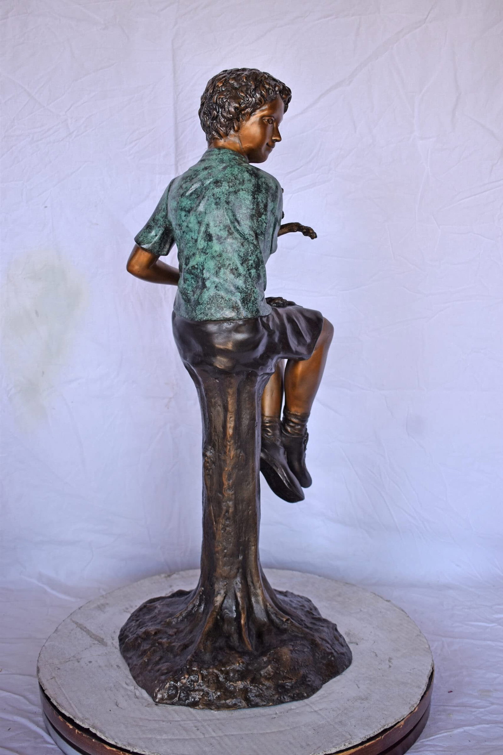 Boy Sitting on A Log with His Puppy Bronze Statue - Size: 15"L x 15"W x 35"H. - 7