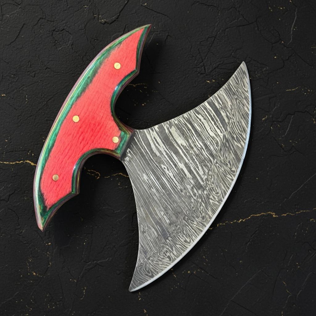 Set of 3 Hand Forged Damascus Steel ULU Knives with Green Pakka Wood Handles - 3