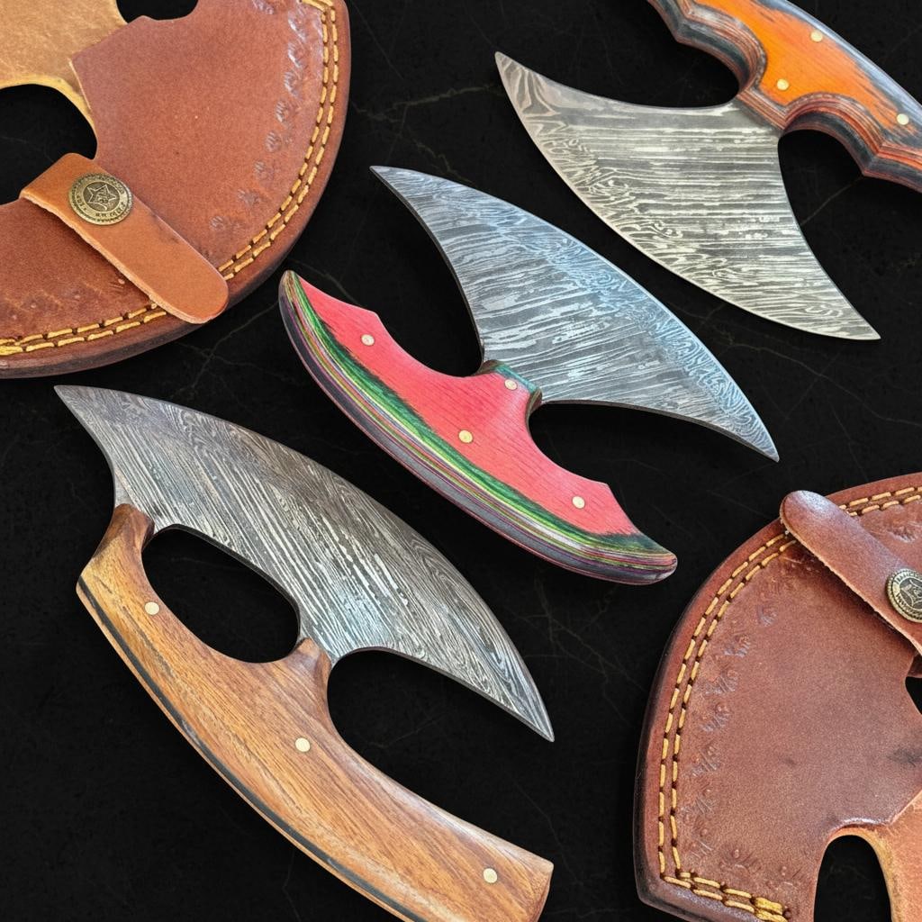 Set of 3 Hand Forged Damascus Steel ULU Knives with Green Pakka Wood Handles - 7