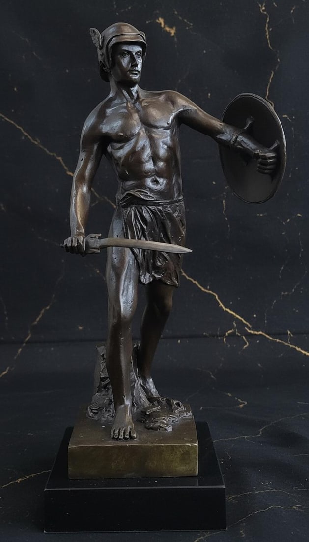Signed J. Debut Roman Gladiator Warrior Bronze Statue on Marble Base Art Sculpture: Title:Signed J. Debut Roman Gladiator Warrior Bronze Statue on Marble Base Art SculptureDescription:This captivating handmade bronze art sculpture portrays a Roman gladiator in the midst of intense