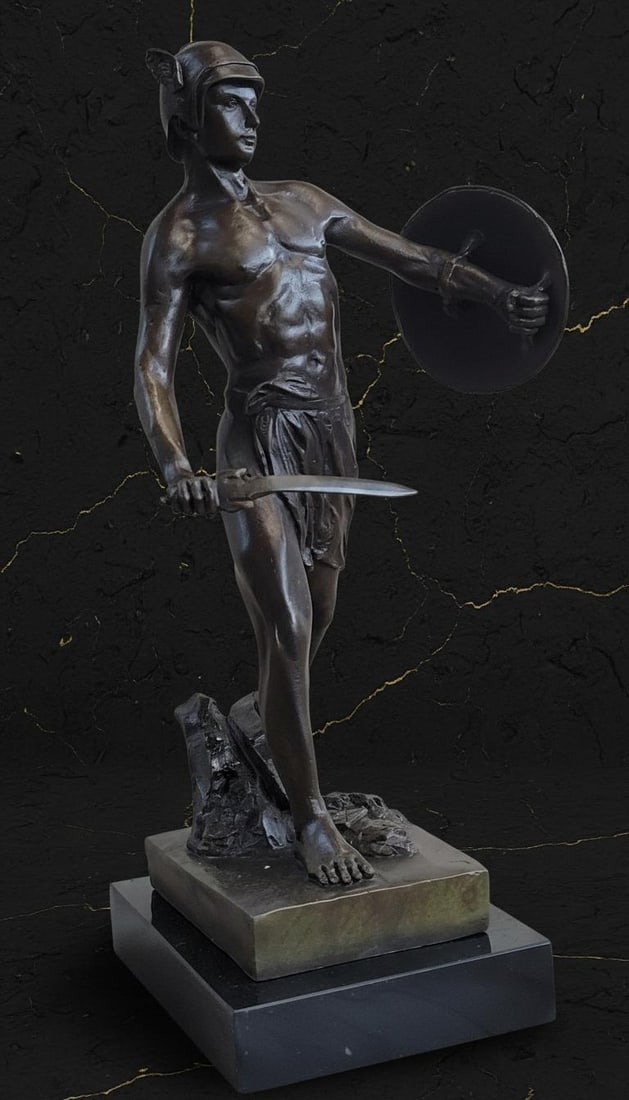 Signed J. Debut Roman Gladiator Warrior Bronze Statue on Marble Base Art Sculpture - 4