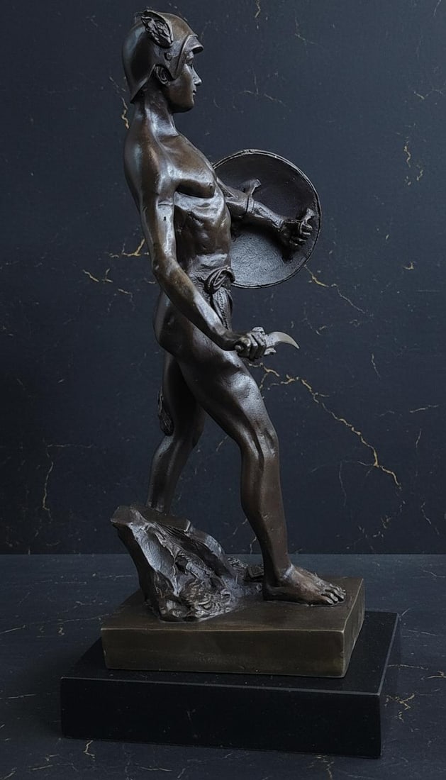 Signed J. Debut Roman Gladiator Warrior Bronze Statue on Marble Base Art Sculpture - 5