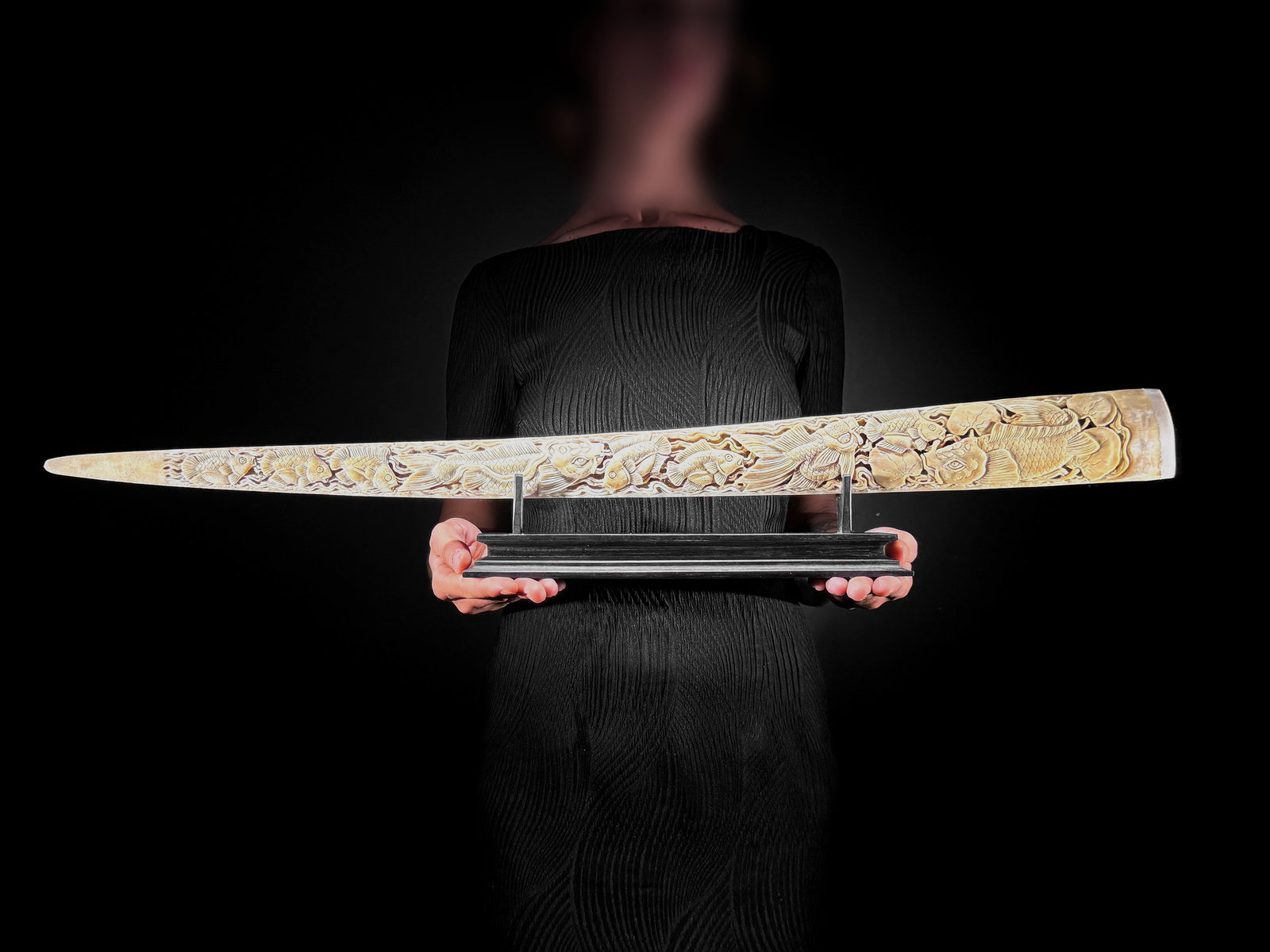 Wonderful large carved swordfish tusk - Japanese koi motif (1 of 10)