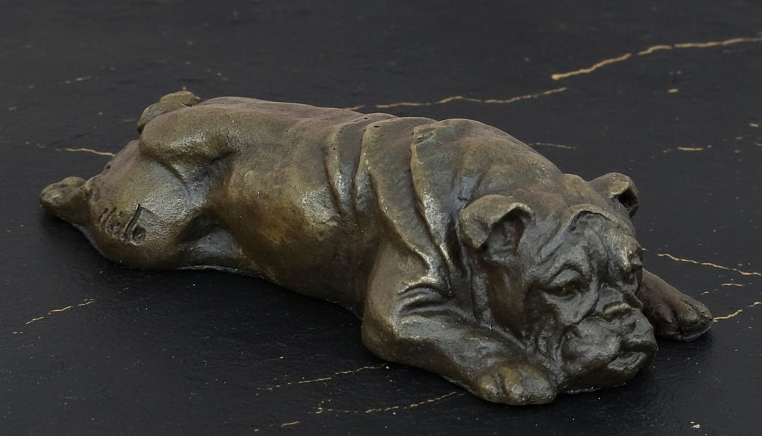 Lying English Bulldog Bronze Figure, Signed Original Sculpture by Milo - 2
