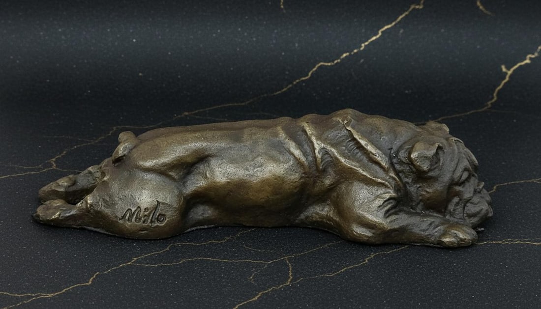 Lying English Bulldog Bronze Figure, Signed Original Sculpture by Milo - 3