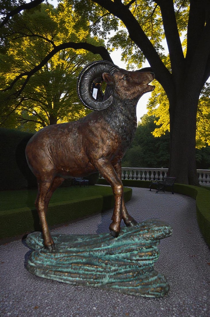 Life Size Ram standing on a rock Bronze Statue - Size: 38"L x 19"W x 45"H. - 2