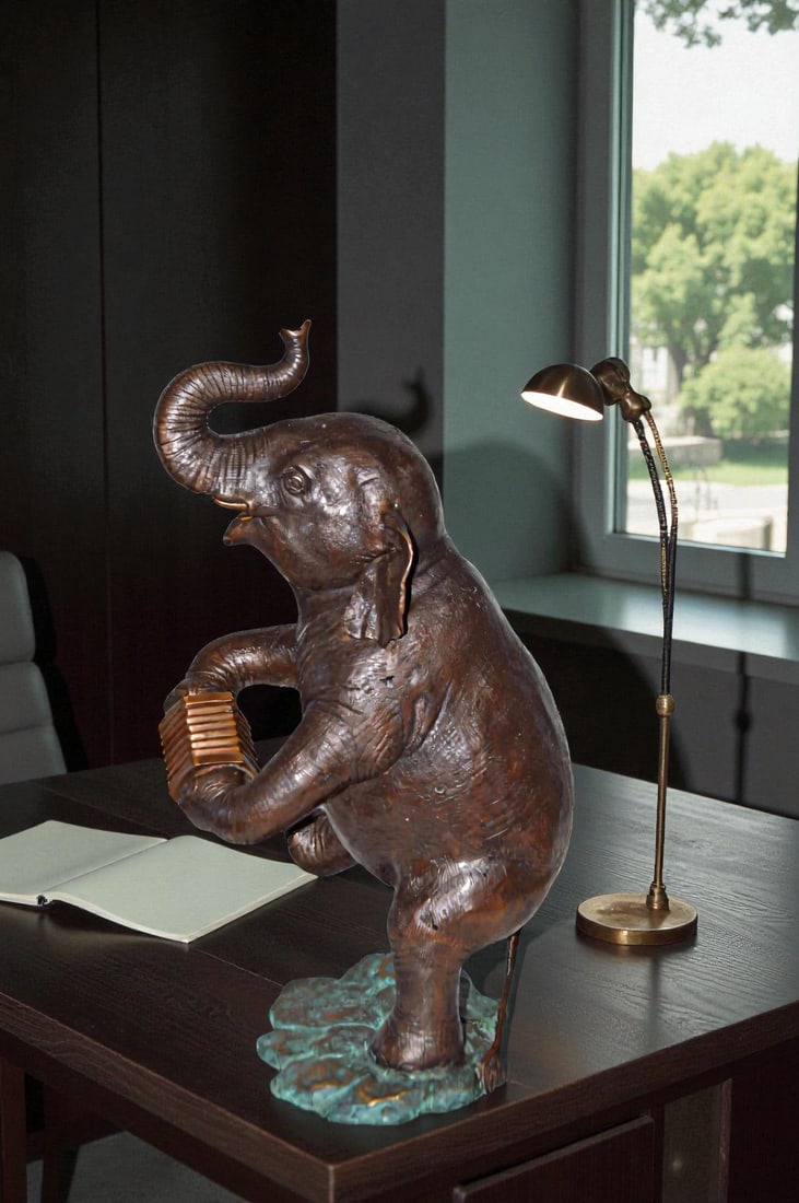 Circus Elephant Dance and Play the Accordion Bronze Statue - 13" x 11" x 22"H - 2