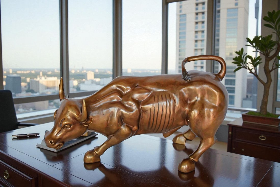 Wall Street Bull replica bronze statue - Size: 15"L x 7"W x 9"H. - 2