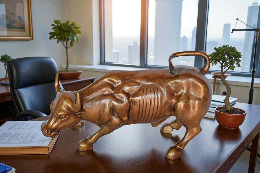 Wall Street Bull replica bronze statue - Size: 15"L x 7"W x 9"H. - 3