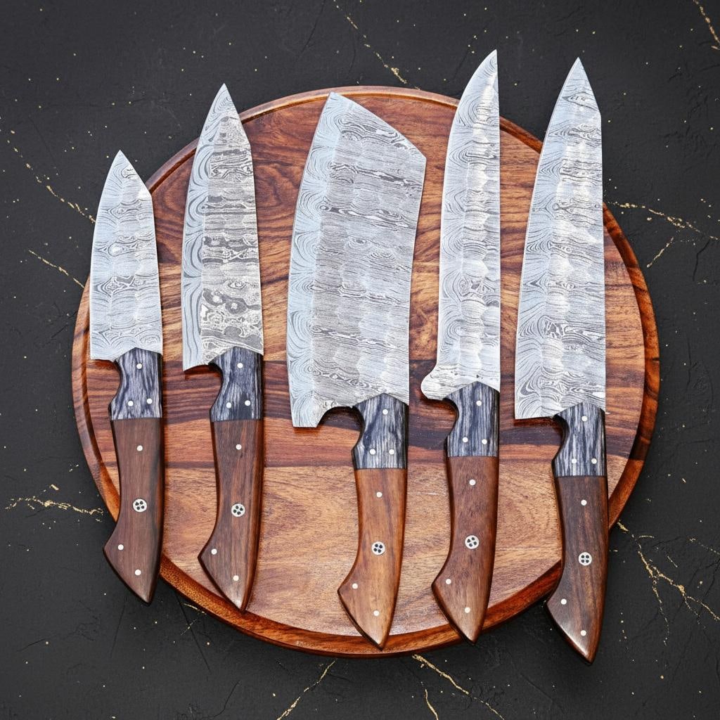 Hand Forged 5pc Damascus Steel Kitchen Knife Set with Twist Pattern and Sheath - 3