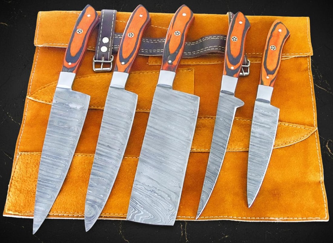 Artisan 5-Piece Damascus Steel Knife Set Hand Forged with Pakkawood Handles & Sheath - 2