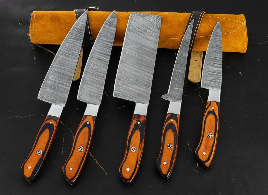 Artisan 5-Piece Damascus Steel Knife Set Hand Forged with Pakkawood Handles & Sheath - 3