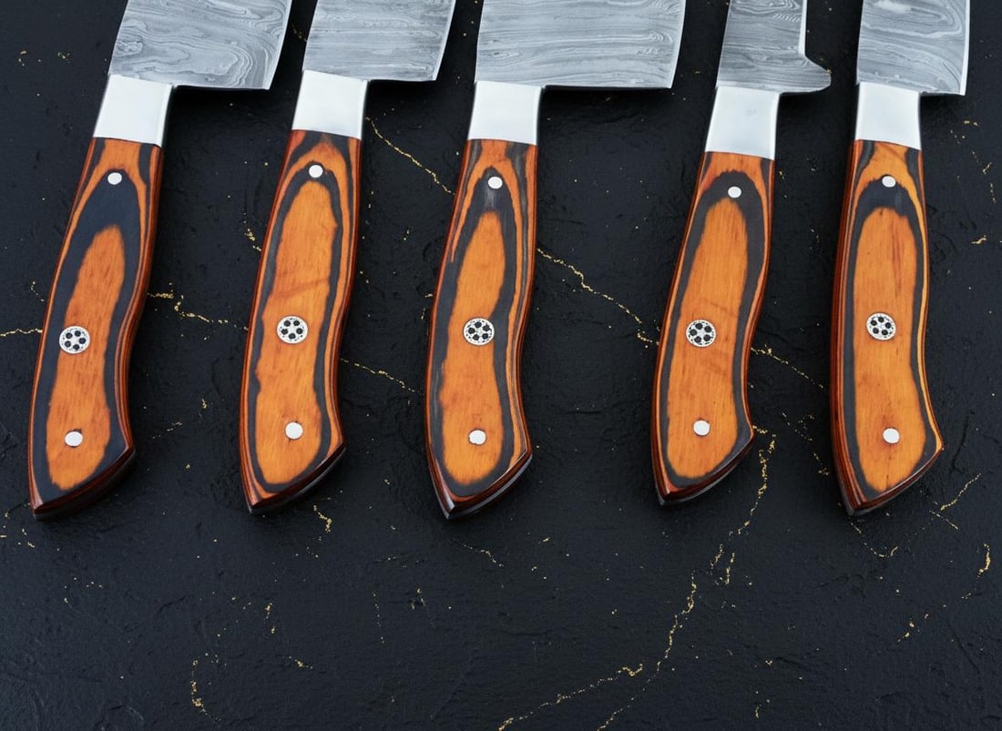 Artisan 5-Piece Damascus Steel Knife Set Hand Forged with Pakkawood Handles & Sheath - 4