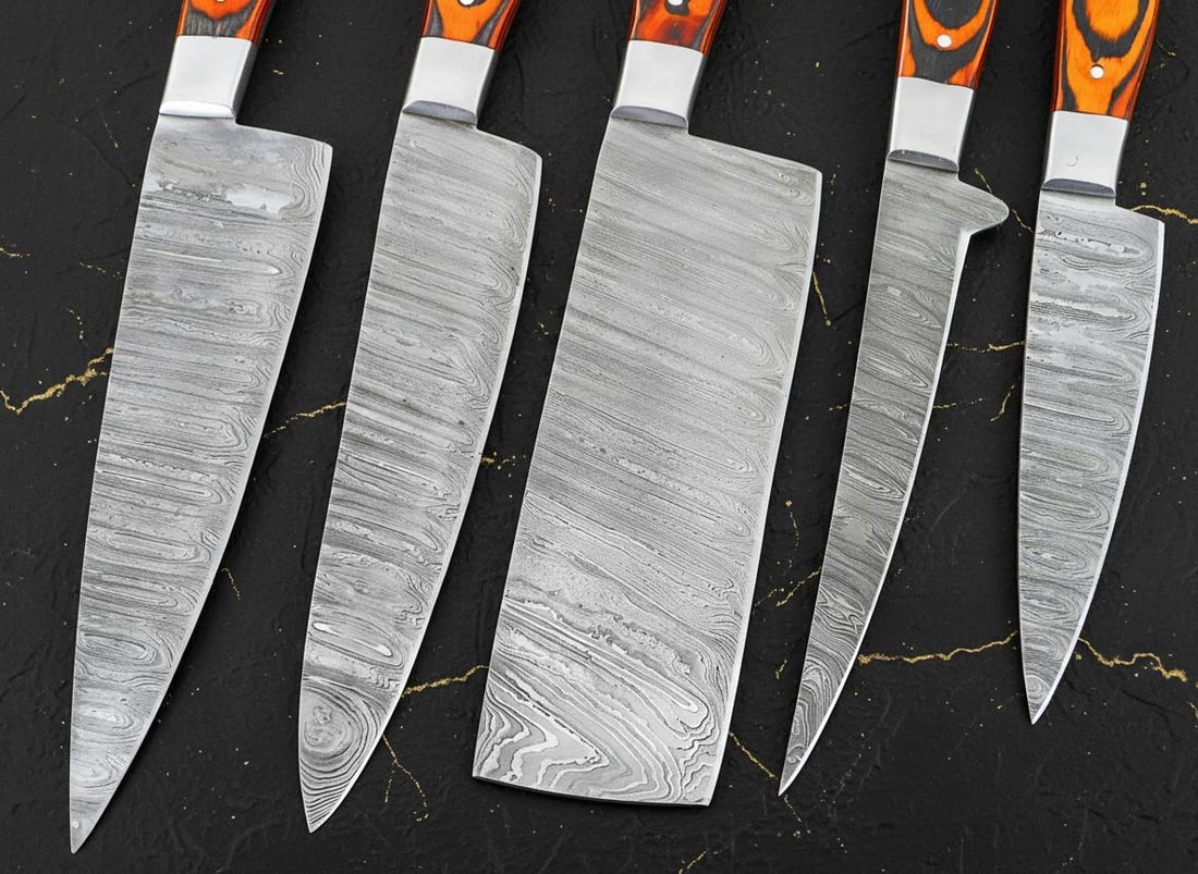 Artisan 5-Piece Damascus Steel Knife Set Hand Forged with Pakkawood Handles & Sheath - 5