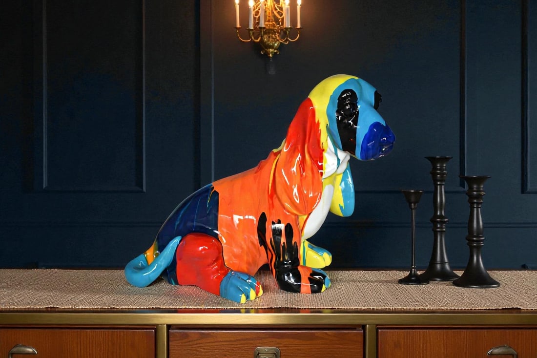 Modern Paint Drops Basset Hound Dog Statue Made of Resin Size: 16" x 8" x 13"H - 2