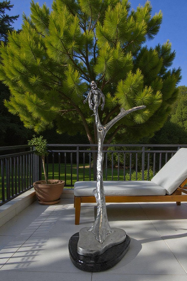 Monkey Resting on a Tree Silver Finish Bronze Statue - Size: 12" x 13" x 27"H. - 2