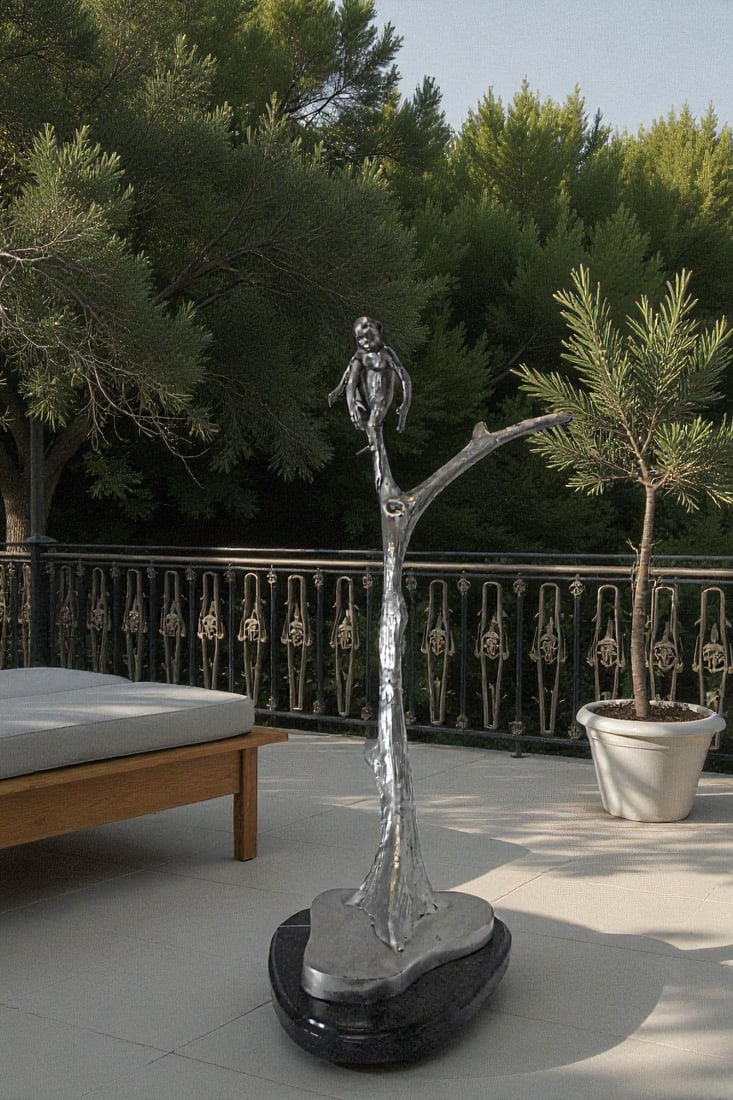 Monkey Resting on a Tree Silver Finish Bronze Statue - Size: 12" x 13" x 27"H. - 3