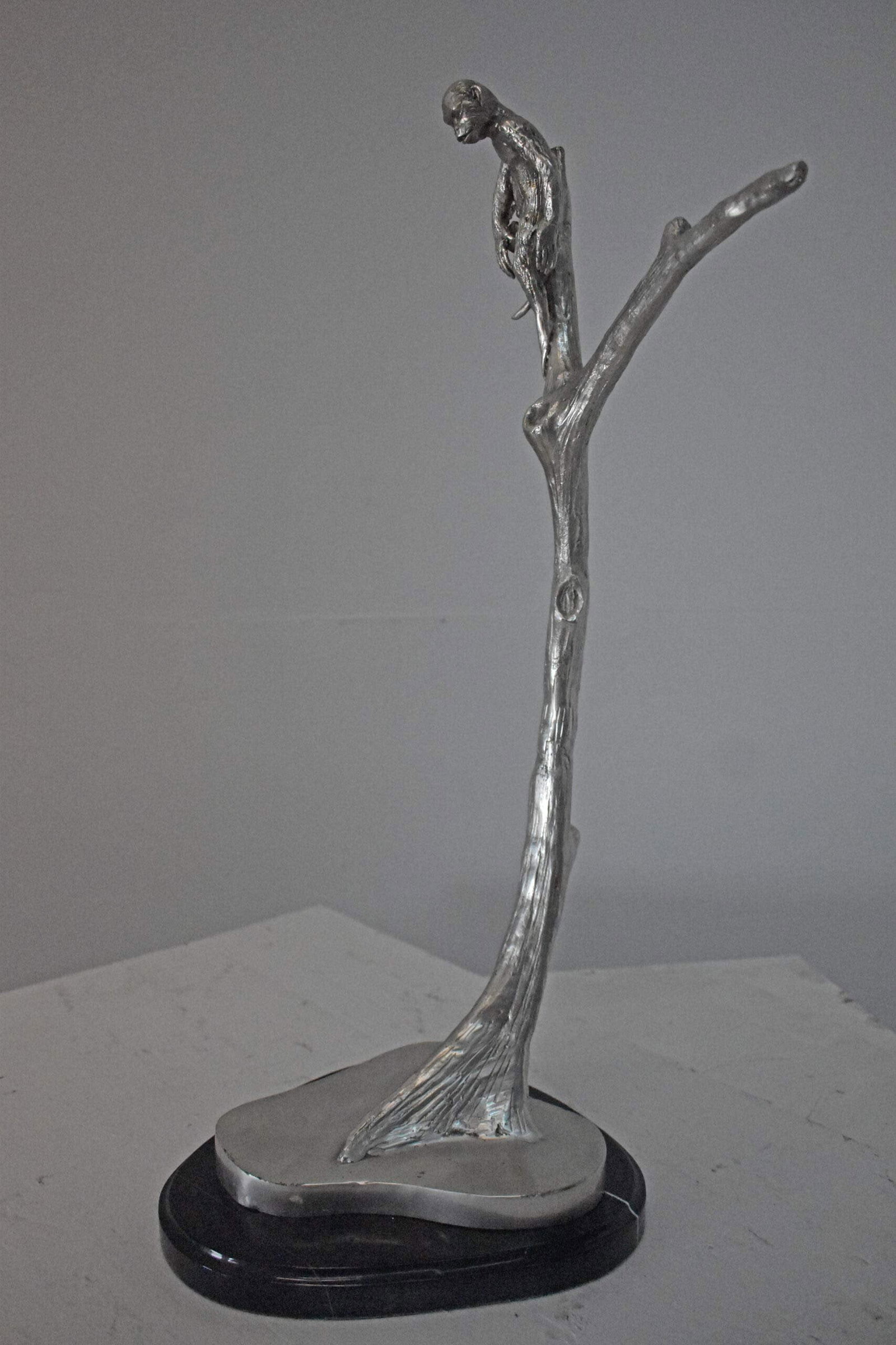 Monkey Resting on a Tree Silver Finish Bronze Statue - Size: 12" x 13" x 27"H. - 6
