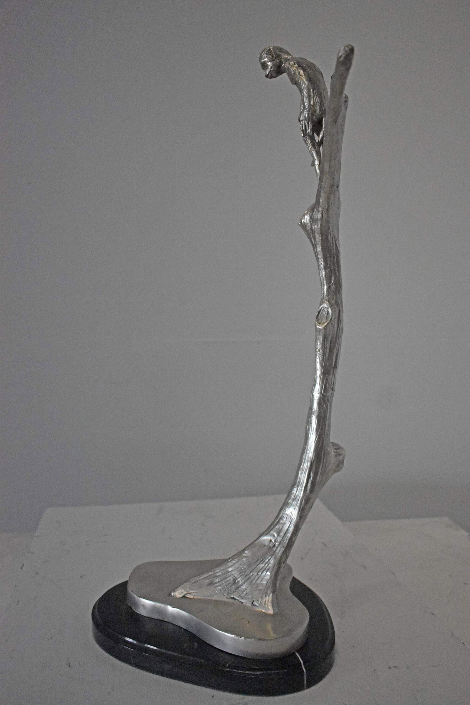 Monkey Resting on a Tree Silver Finish Bronze Statue - Size: 12" x 13" x 27"H. - 7