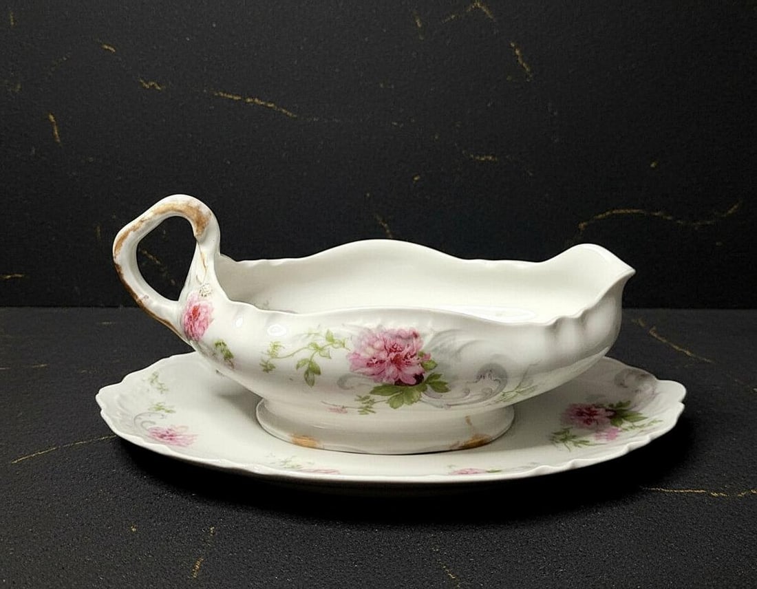 Antique Pink Roses Gravy Boat & Underplate by Theodore Haviland Limoges France Gilded (1 of 9)