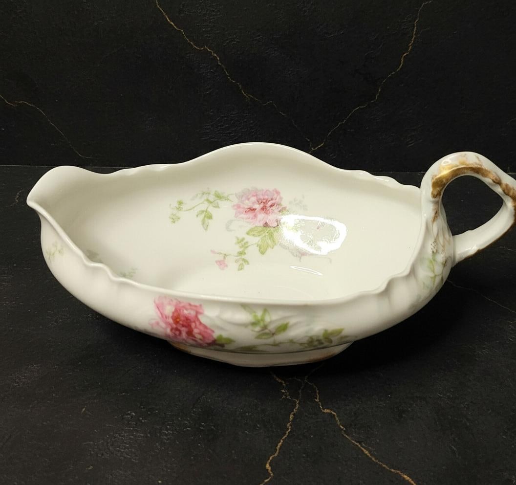 Antique Pink Roses Gravy Boat & Underplate by Theodore Haviland Limoges France Gilded - 5