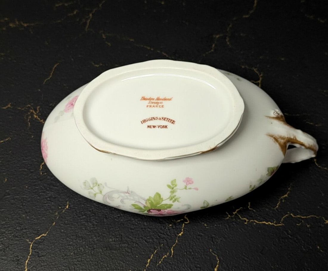 Antique Pink Roses Gravy Boat & Underplate by Theodore Haviland Limoges France Gilded - 6