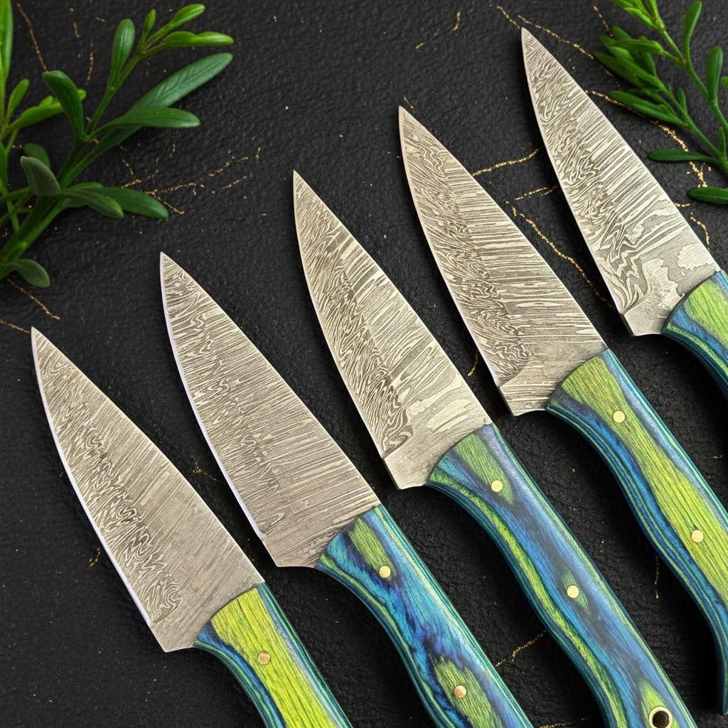 5 Full Tang Damascus Steel Steak Knives with Handcrafted Wood and Resin Handles - 2