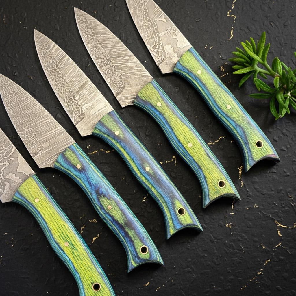 5 Full Tang Damascus Steel Steak Knives with Handcrafted Wood and Resin Handles - 3