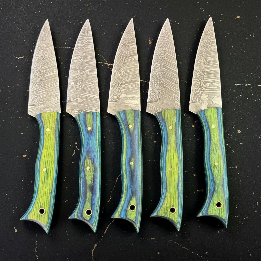 5 Full Tang Damascus Steel Steak Knives with Handcrafted Wood and Resin Handles - 4