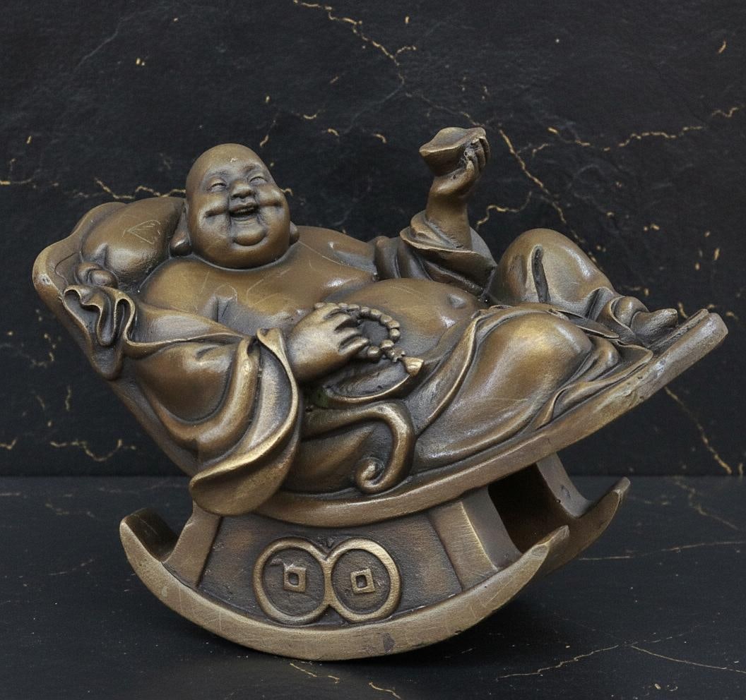 Signed Milo Bronze Sculpture of a Joyous Laughing Buddha, Vintage Sitting Statue - 2