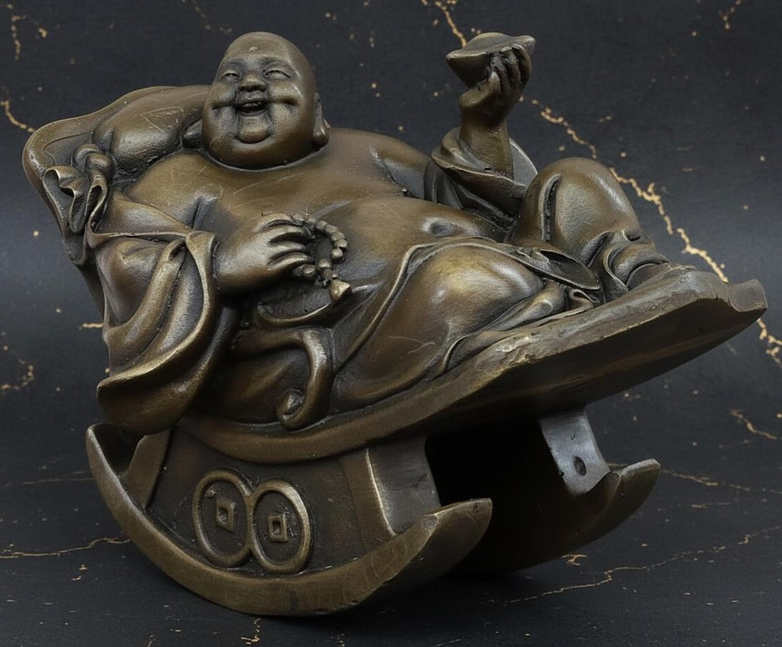 Signed Milo Bronze Sculpture of a Joyous Laughing Buddha, Vintage Sitting Statue - 3