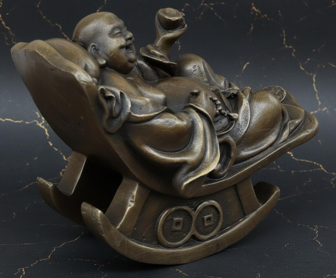 Signed Milo Bronze Sculpture of a Joyous Laughing Buddha, Vintage Sitting Statue - 4
