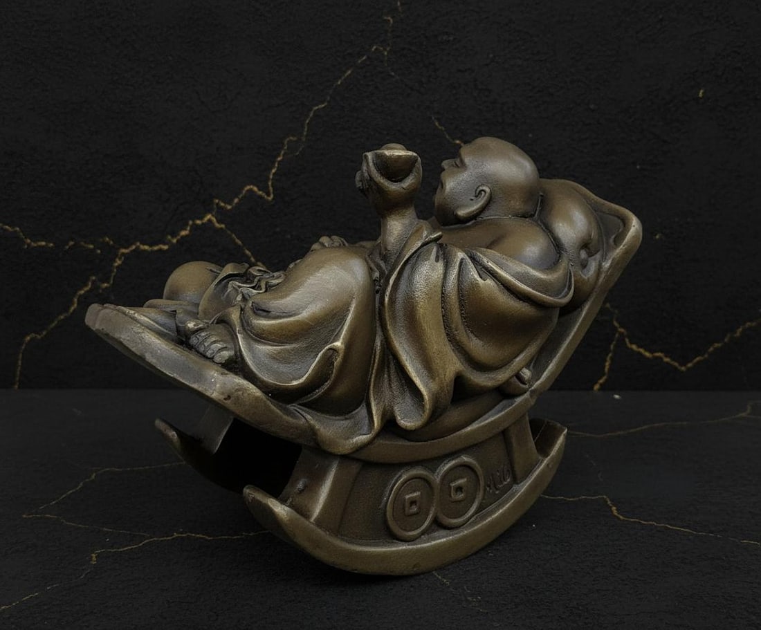 Signed Milo Bronze Sculpture of a Joyous Laughing Buddha, Vintage Sitting Statue - 5