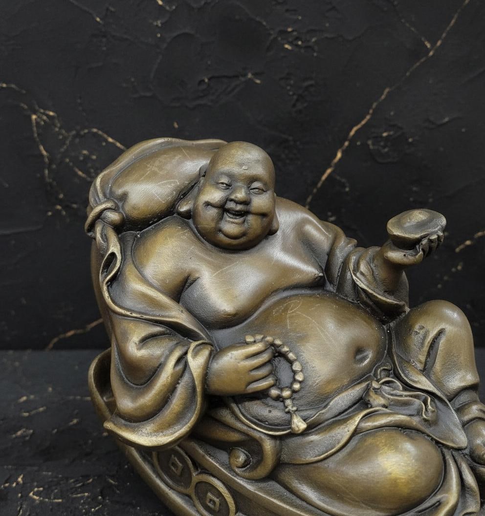 Signed Milo Bronze Sculpture of a Joyous Laughing Buddha, Vintage Sitting Statue - 7