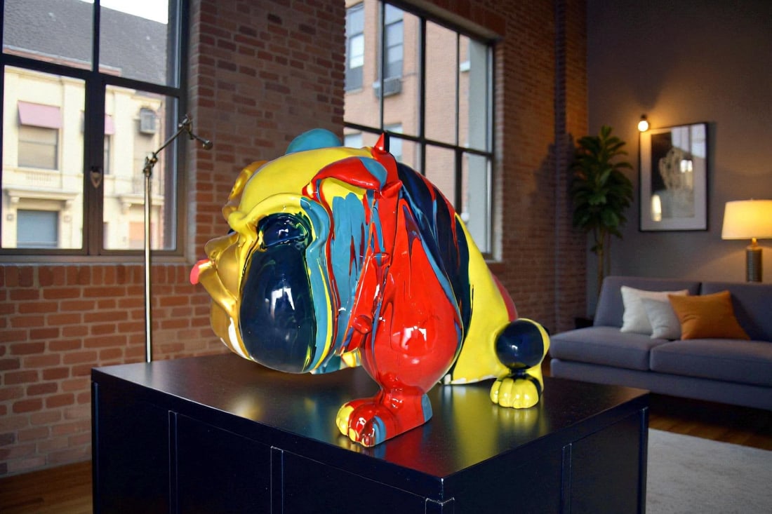 Modern Happy Paint Drops Bulldog Statue Made of Resin Size: 14" x 19" x 10"H - 2