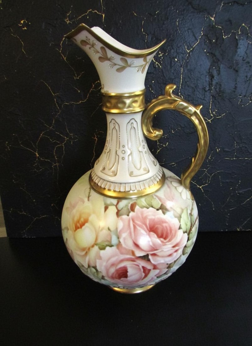 Ornate Victorian Porcelain Pitcher 13" Hand Painted Pastel Floral Vase Gold Handle (1 of 13)
