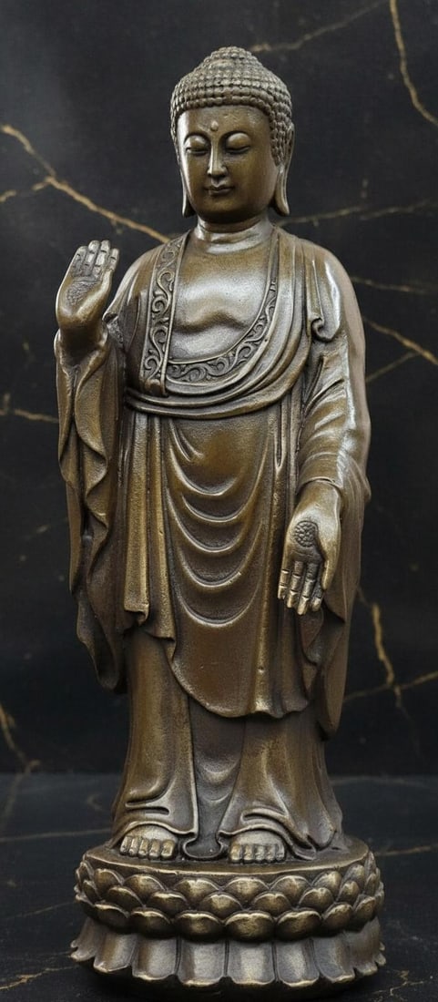 10" Standing Tibetan Buddha on Lotus Flower Bronze Statue Chinese Art Sculpture (1 of 8)