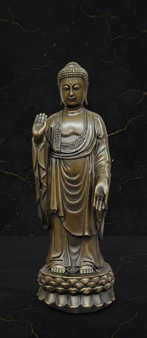 10" Standing Tibetan Buddha on Lotus Flower Bronze Statue Chinese Art Sculpture - 2