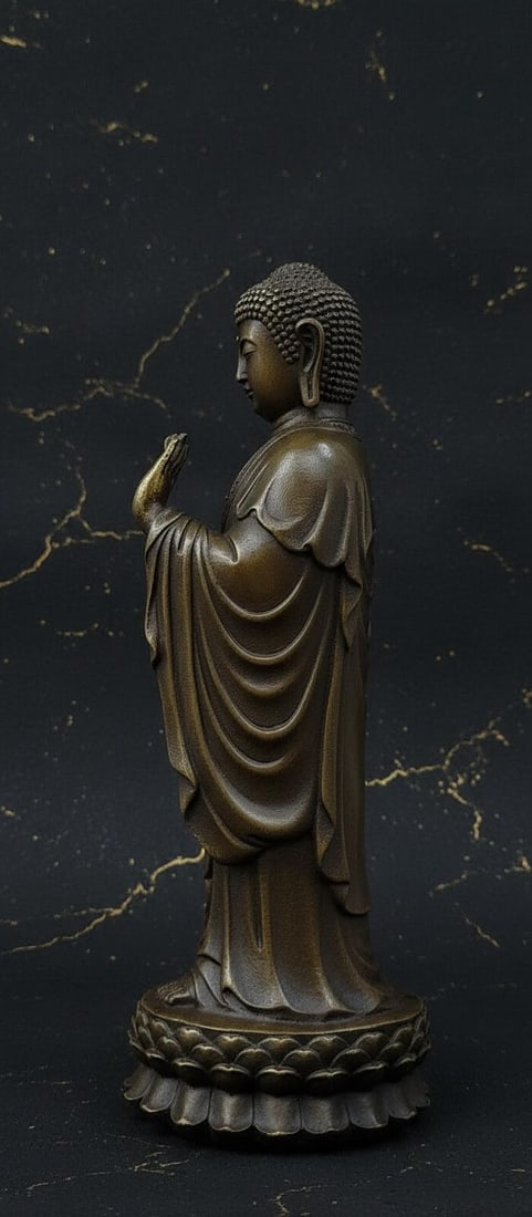 10" Standing Tibetan Buddha on Lotus Flower Bronze Statue Chinese Art Sculpture - 6