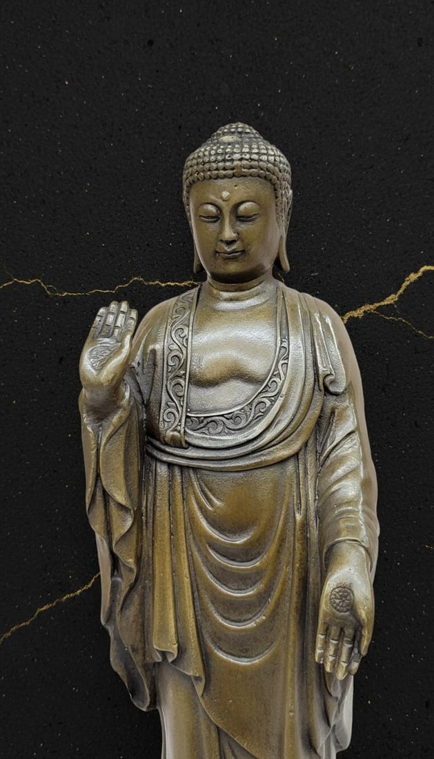 10" Standing Tibetan Buddha on Lotus Flower Bronze Statue Chinese Art Sculpture - 7