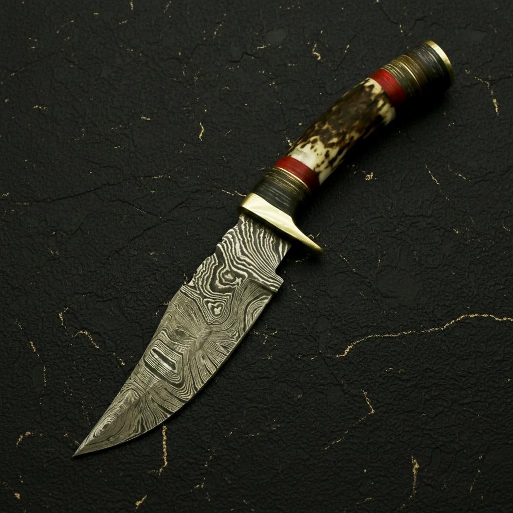 Stag Horn & Pakka Wood Damascus Hunting Knife, 9" Fixed Blade with Leather Sheath (1 of 6)